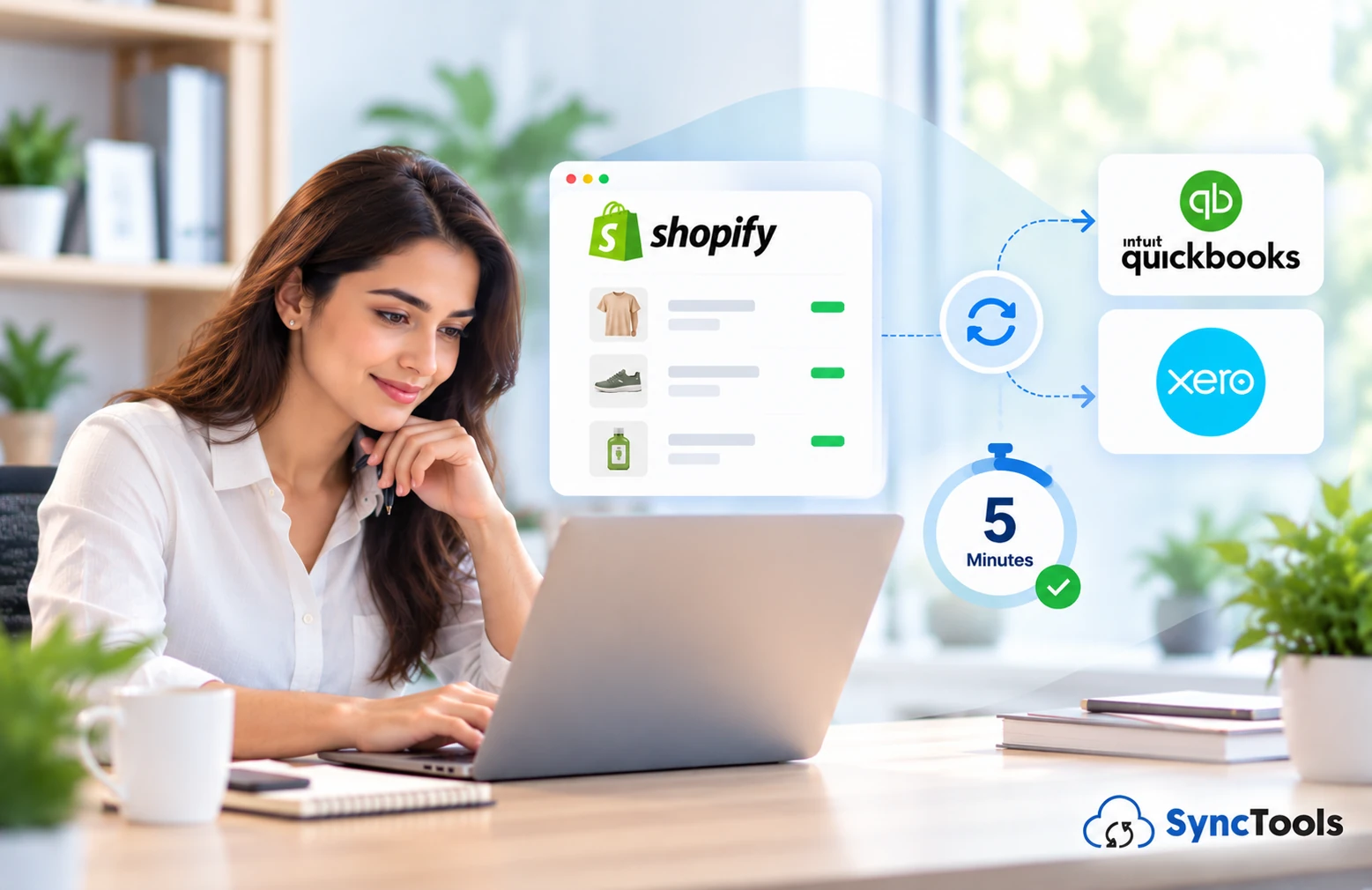 Finance professional completing a 5-minute Shopify accounting review as Shopify orders sync to QuickBooks and Xero with SyncTools