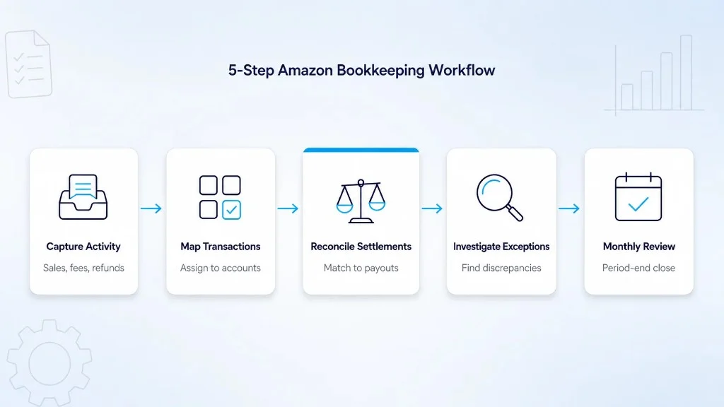 5-step Amazon bookkeeping workflow for capturing transactions, reconciliation, exception review, and monthly close