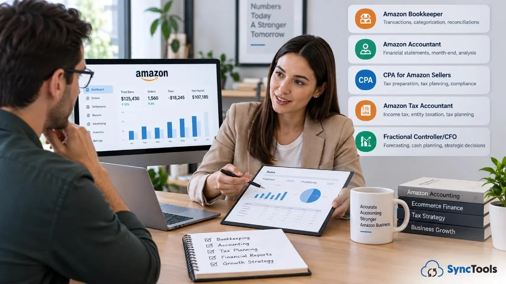 Amazon seller consulting with bookkeeper, accountant, CPA, tax accountant, and fractional controller services.