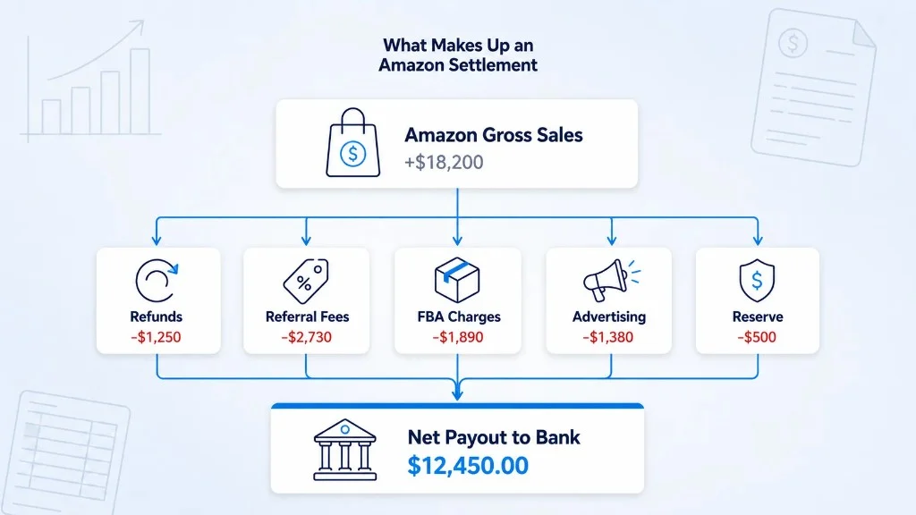 Amazon settlement breakdown showing gross sales, refunds, fees, FBA charges, advertising, reserve, and net payout