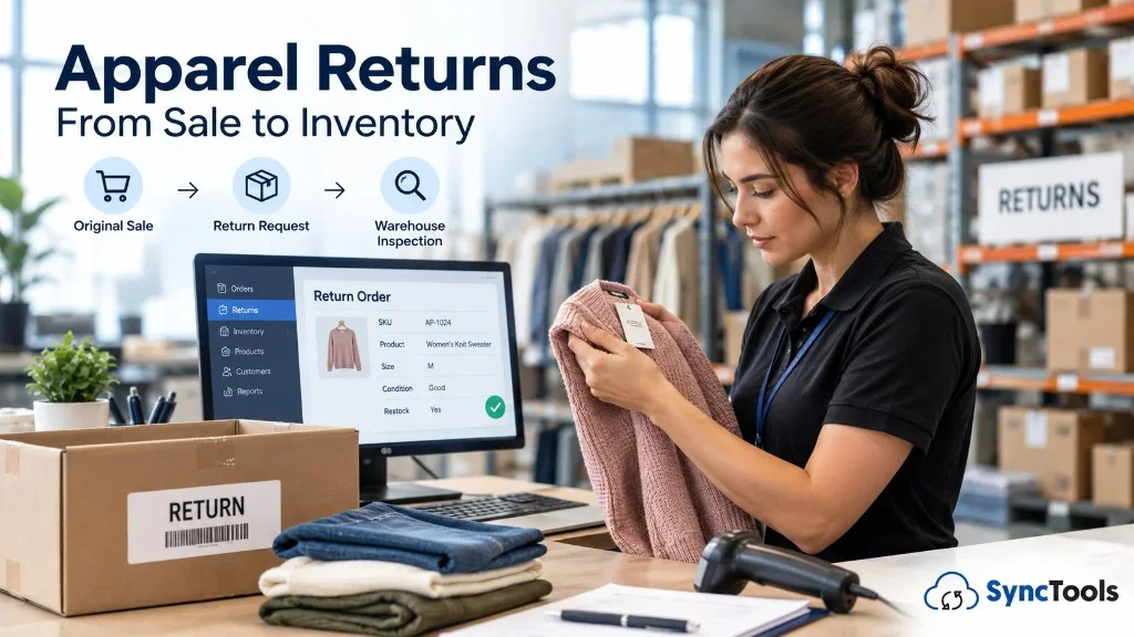 Apparel returns workflow showing return inspection, inventory management, and order tracking with SyncTools
