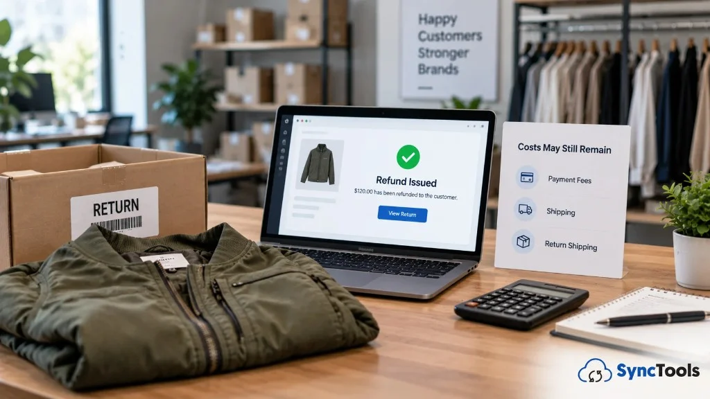 Apparel return with refund issued, payment fees, shipping costs, and return shipping for ecommerce accounting