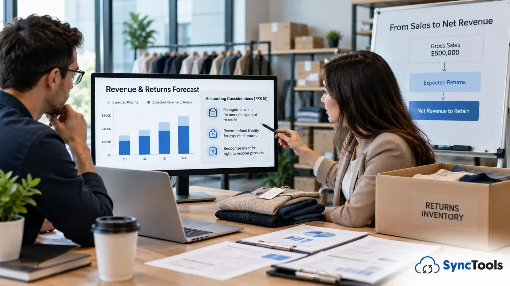 Apparel returns revenue forecast showing expected returns, net revenue, and IFRS 15 accounting considerations