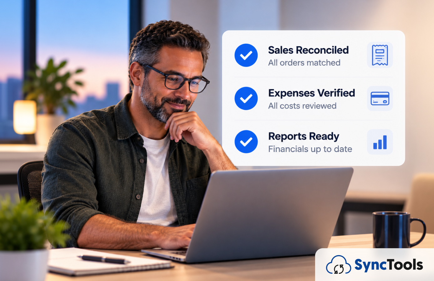 Finance professional at a laptop with a Black Friday ecommerce accounting checklist showing sales reconciled, expenses verified, and reports ready via SyncTools