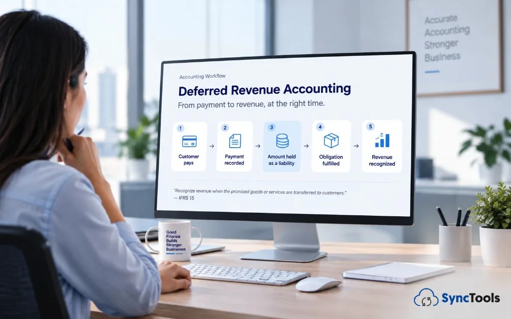 Deferred revenue accounting workflow showing payment, liability, obligation fulfillment, and revenue recognition