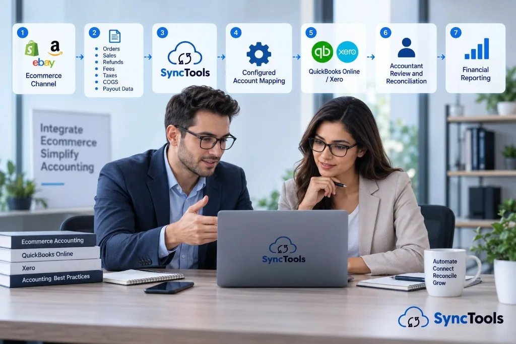 Ecommerce accounting workflow connecting sales channels, SyncTools, QuickBooks, Xero, reconciliation, and financial reporting