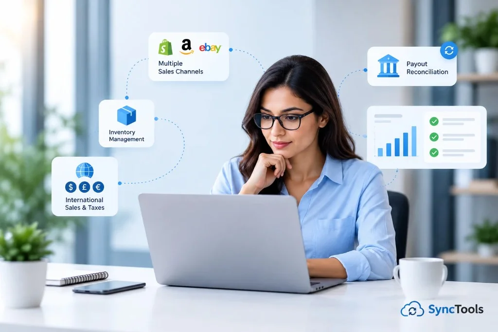 Ecommerce accounting with multiple sales channels, inventory management, international sales, taxes, and payout reconciliation