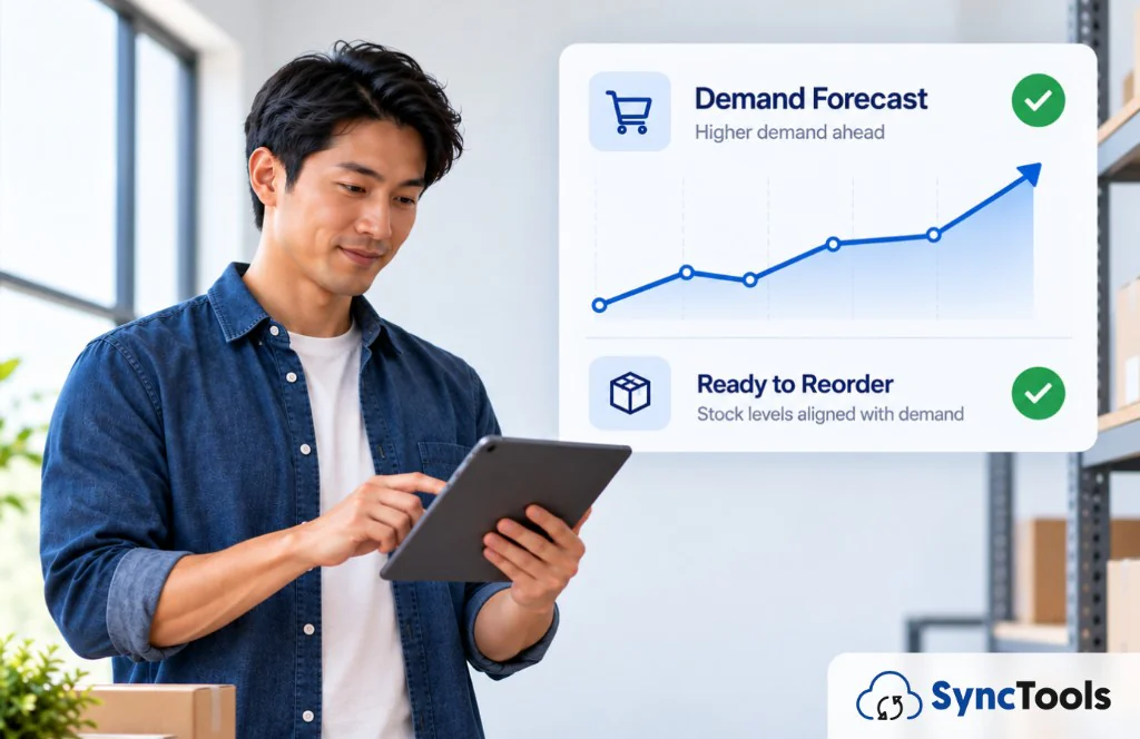Ecommerce demand forecasting dashboard showing sales forecasts, inventory planning, and reorder points for Shopify and Amazon.