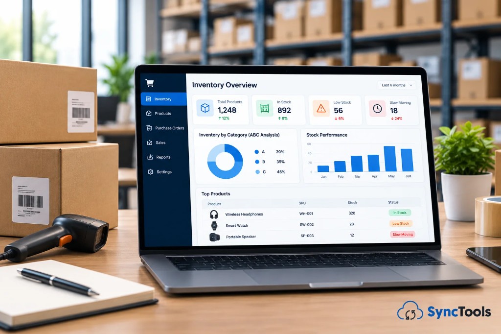 Ecommerce inventory management dashboard showing stock levels, ABC analysis, product performance, and inventory status
