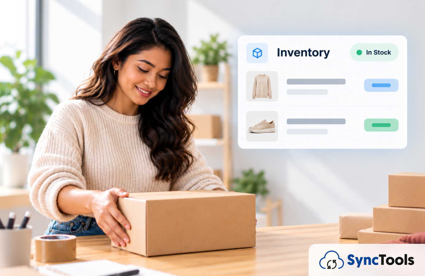 Ecommerce seller packing orders with an in-stock inventory panel tracking apparel SKUs via SyncTools