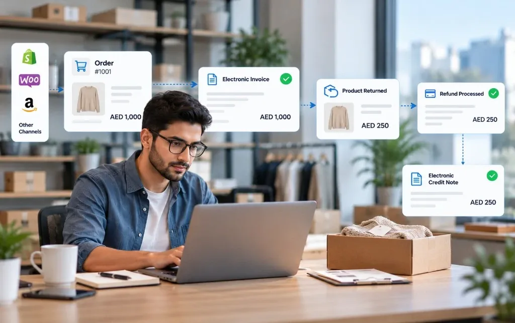 Ecommerce refund workflow showing electronic invoice, product return, refund, and electronic credit note