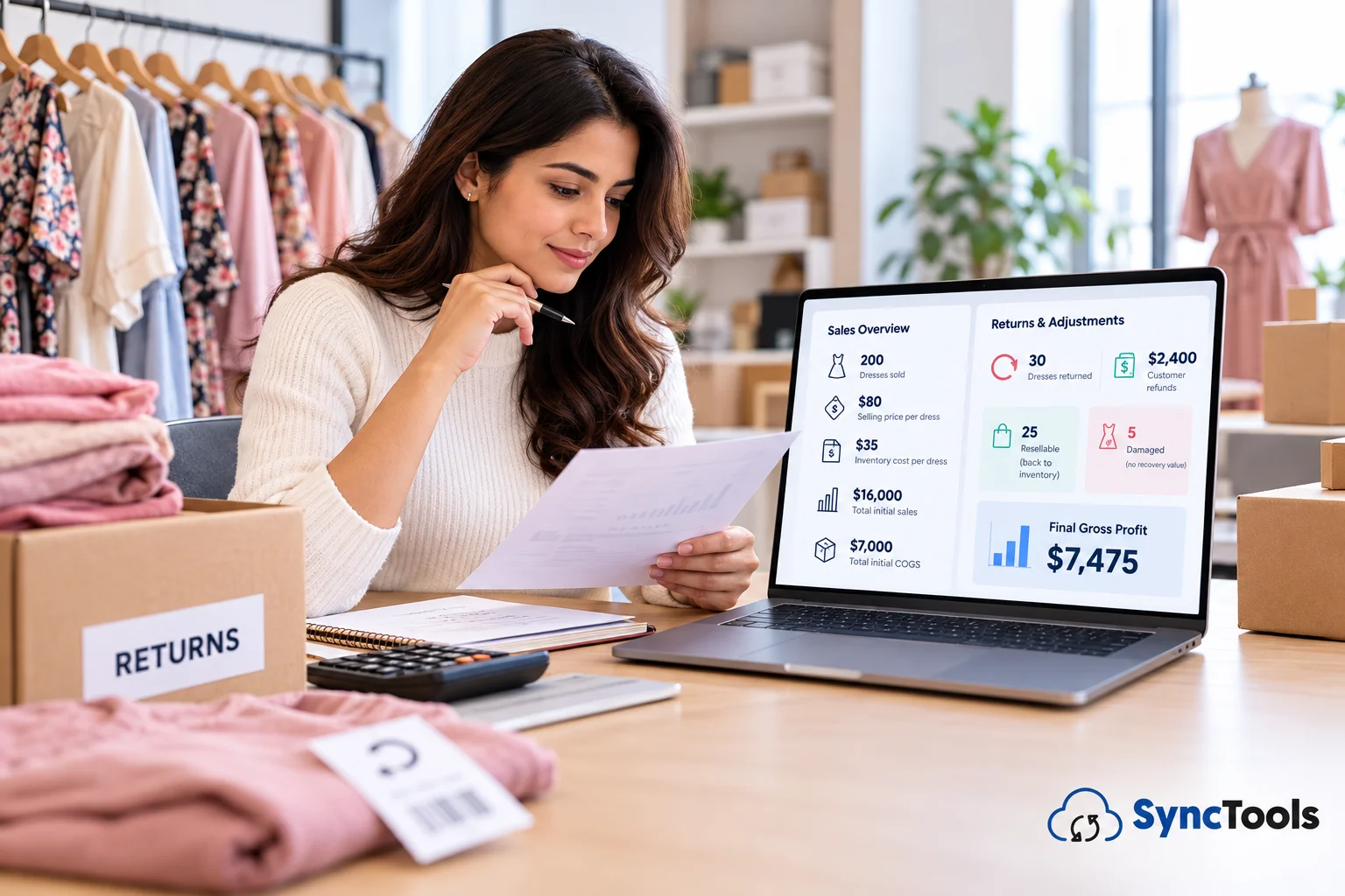 Fashion eCommerce returns analytics workspace showing SKU-level returns data, COGS tracking, and payout reconciliation before peak season