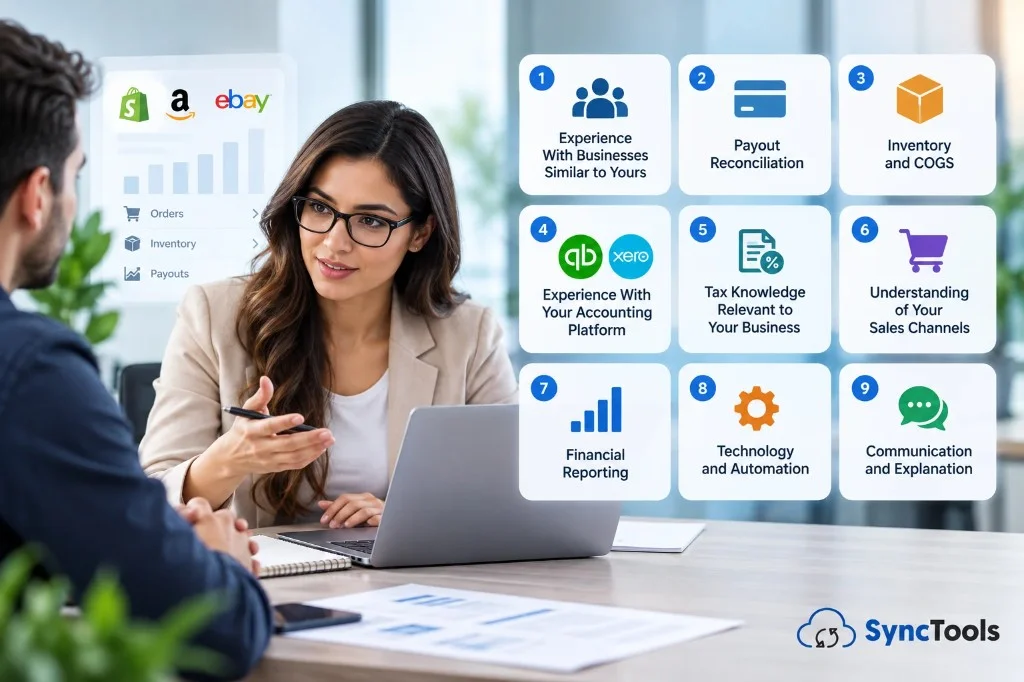 9 factors for choosing an ecommerce accountant, including sales channels, inventory, tax, reporting, and automation