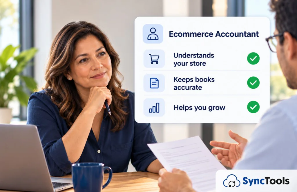 Ecommerce accounting guide showing online stores, payment providers, inventory, QuickBooks, and Xero integration