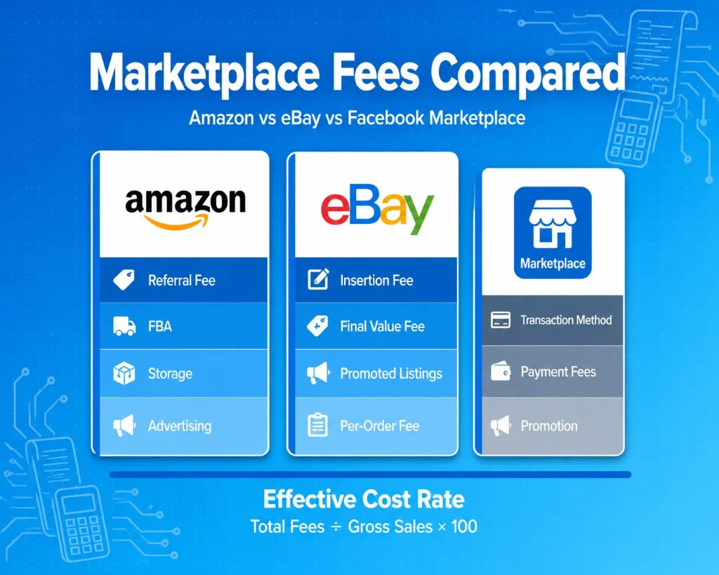 Marketplace Fees Compared: Amazon vs eBay vs Facebook Marketplace seller plans, referral fees, listing fees, and effective cost rate