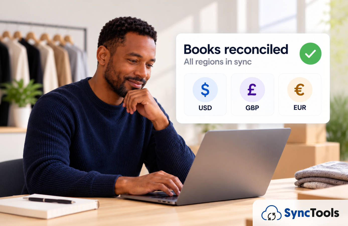 SyncTools multi-region eCommerce ledger showing Shopify, Macy's payouts and Xero parent company revenue