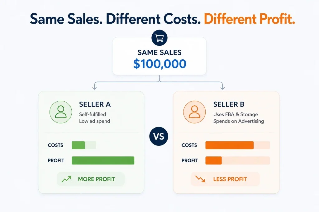 Comparison of two sellers with the same sales but different costs, showing how fulfillment and advertising impact profit.