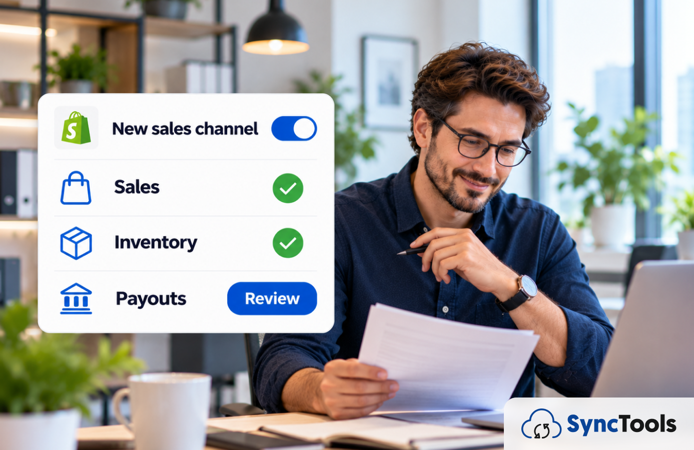 Finance professional reviewing Shopify sales channel, sales, inventory, and payout changes for accounting reconciliation via SyncTools