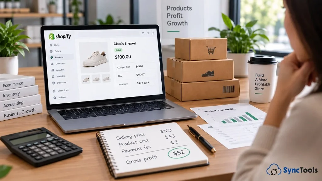 Shopify product profitability dashboard showing inventory, product costs, fees, and gross profit