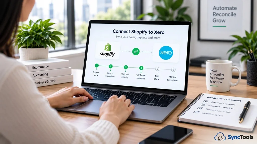 Shopify Xero integration setup showing steps to connect, map, test, and monitor accounting data