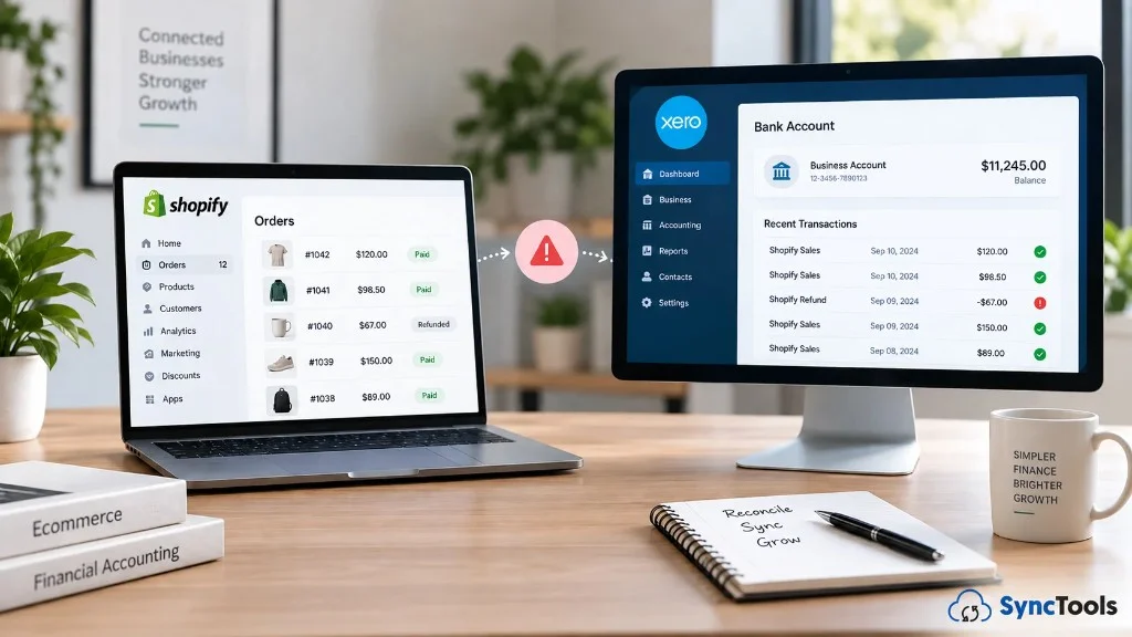 Shopify and Xero transaction reconciliation showing sales, refunds, and accounting discrepancies