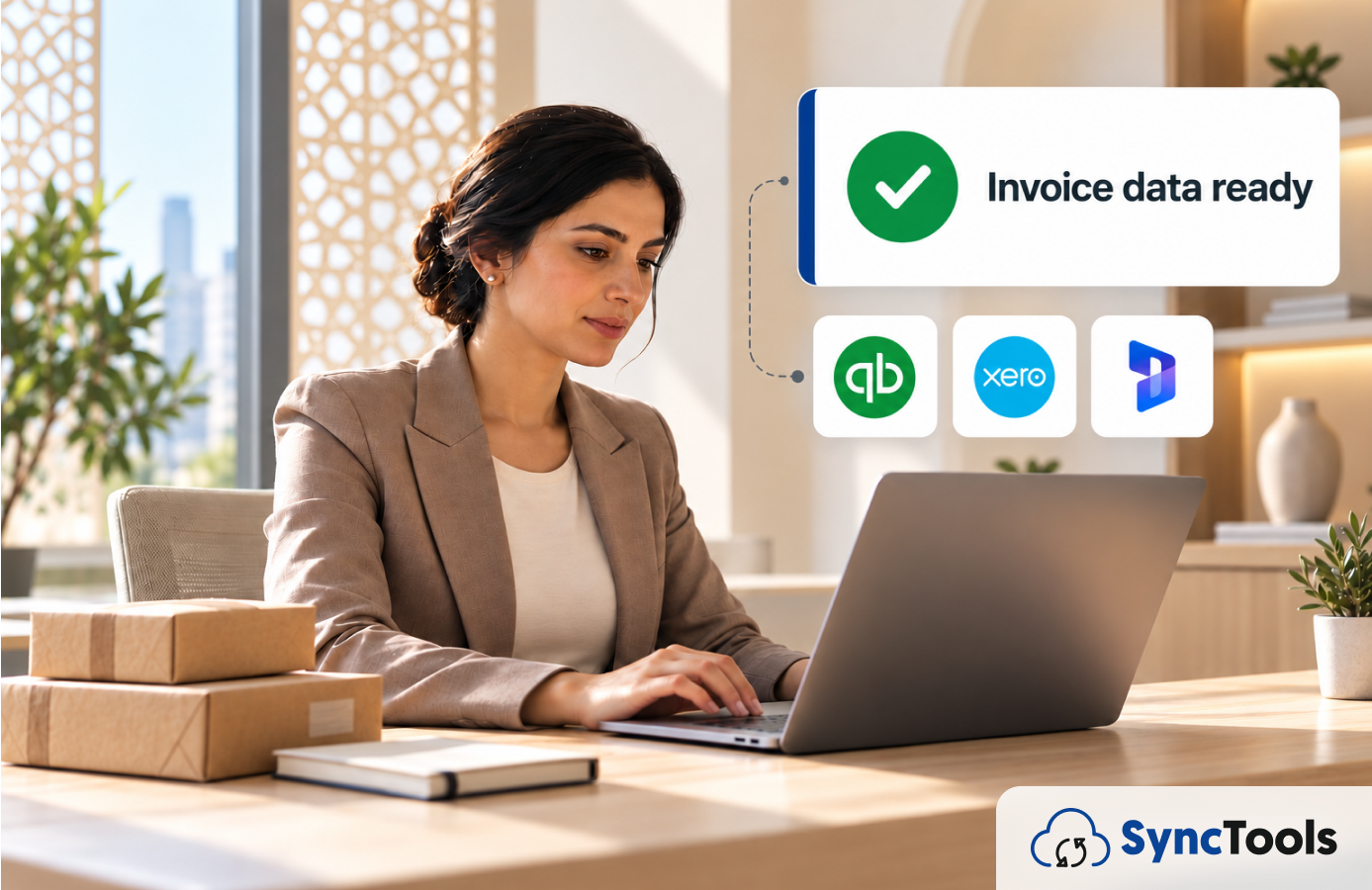 Ecommerce seller with shipping boxes as invoice data marked ready to sync into QuickBooks, Xero, and Microsoft Dynamics via SyncTools