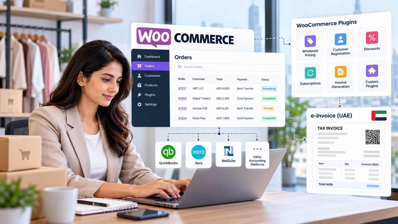 WooCommerce orders dashboard with plugins and accounting integrations flowing to a UAE tax invoice