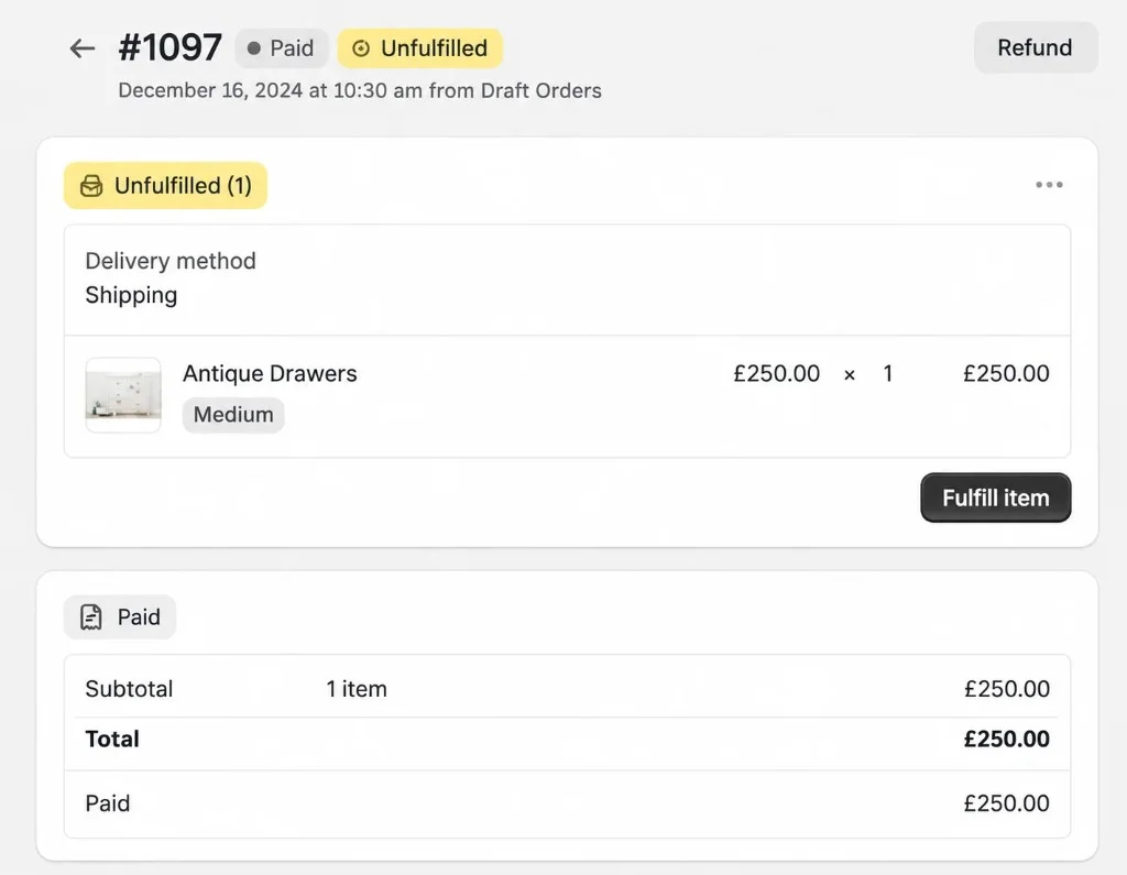 Order details showing a paid unfulfilled antique drawers order with fulfillment and refund options