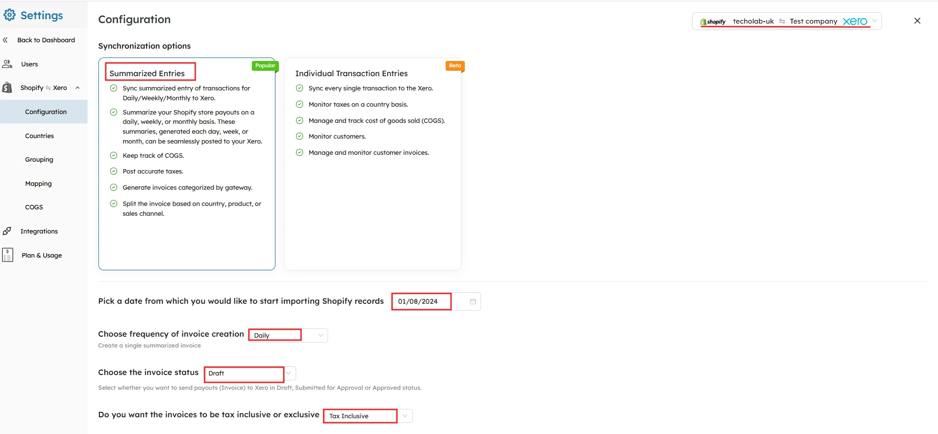 SyncTools configuration page showing summarized entries setup, invoice frequency, draft status, and tax inclusive option.