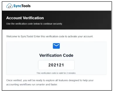SyncTools account verification screen showing six-digit verification code entry with Verify button