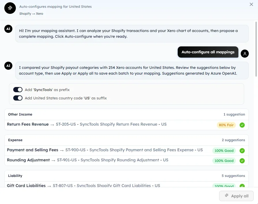 SyncTools AI Account Mapping assistant showing Auto-configure all mappings button and mapping suggestions grouped by account type