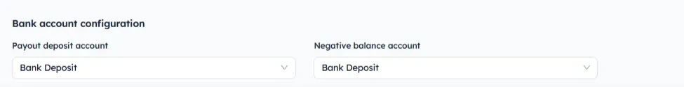 SyncTools Bank account configuration showing Payout deposit account and Negative balance account dropdown selections