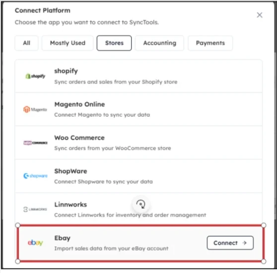 SyncTools Connect Platform modal with Stores filter showing eBay store option and Connect button
