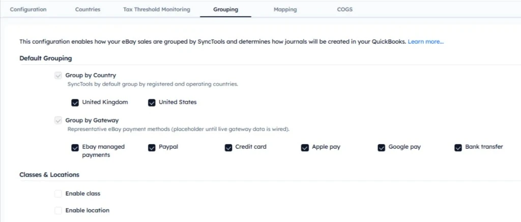 SyncTools Grouping settings showing Default Grouping by country and gateway options and Classes and Locations toggles