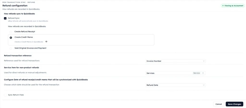 SyncTools Refund configuration settings showing Refund Sync, Create Credit Memo option, transaction reference, service item, and refund date options