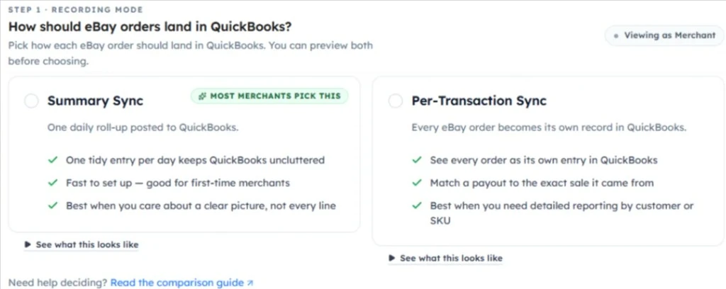 SyncTools recording mode step showing Summary Sync and Per-Transaction Sync options for eBay orders in QuickBooks
