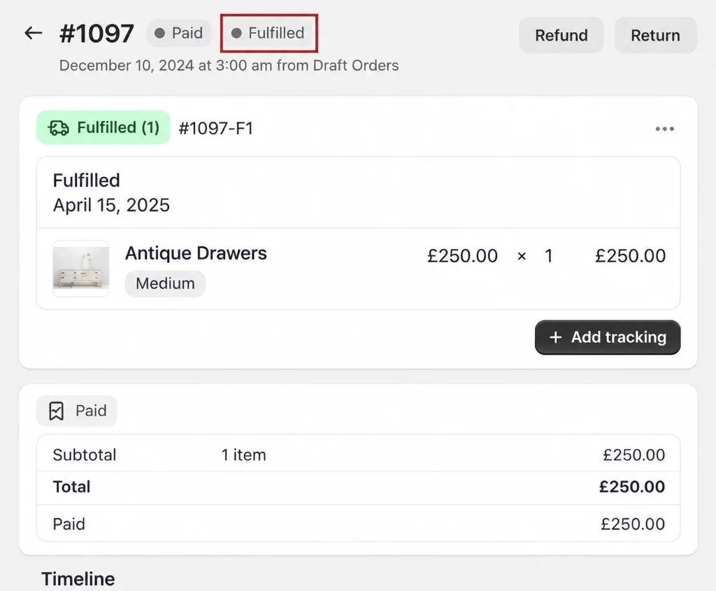 Fulfilled antique drawers order showing payment, fulfillment status, tracking, and order details