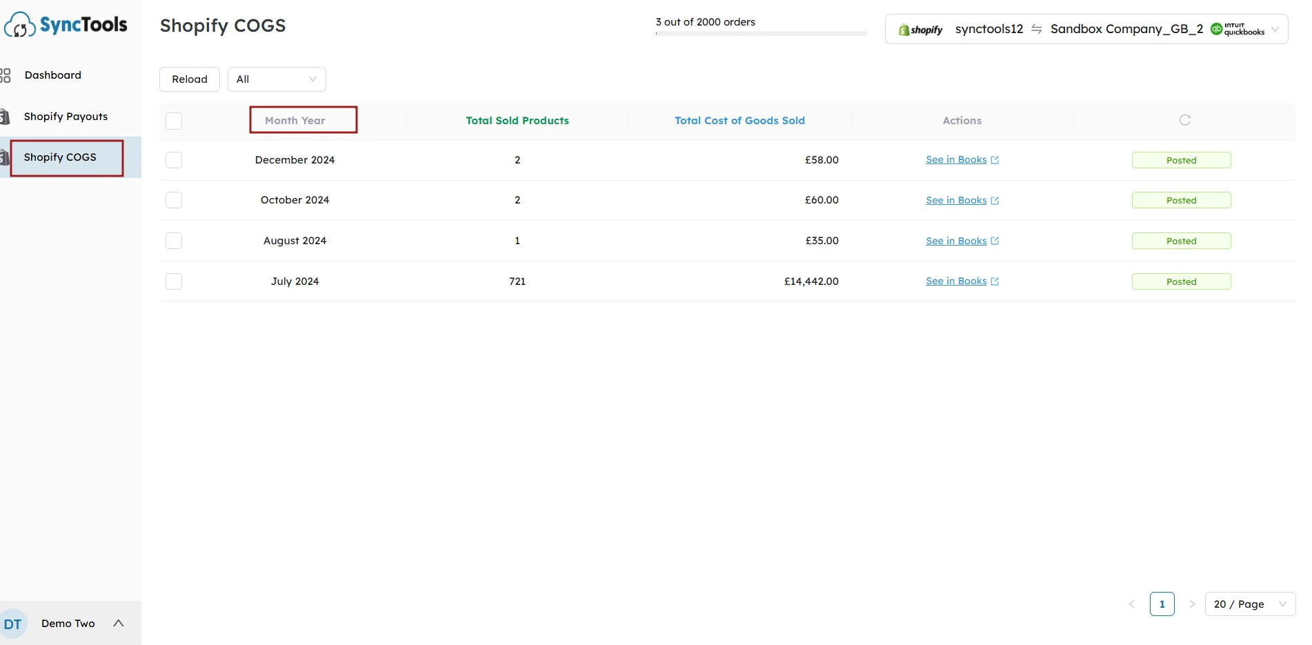 Shopify COGS report view in SyncTools showing monthly product sales, cost of goods sold, and posting status in QuickBooks