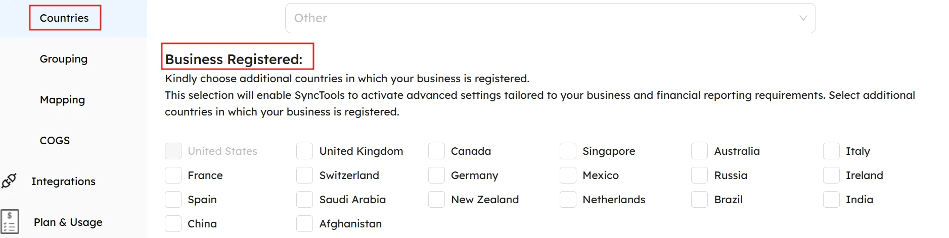 SyncTools screen showing business registration country options like UK, Canada, India, Germany, Australia, and more