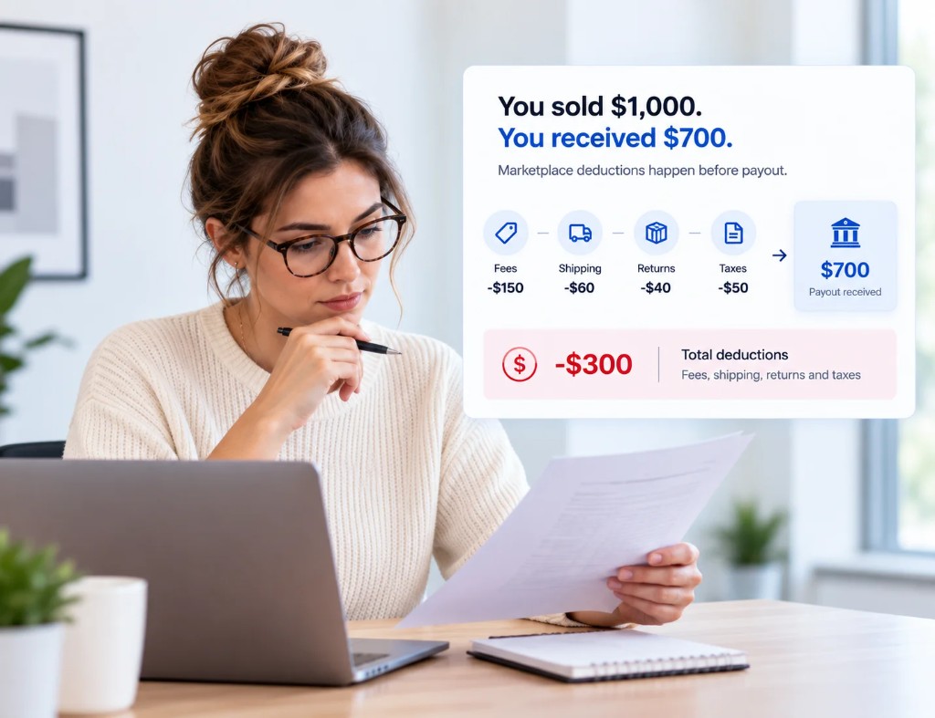 Ecommerce marketplace deductions showing fees, shipping, returns and taxes reducing a $1,000 sale to $700 payout
