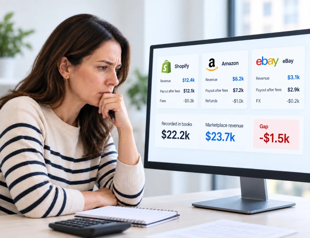 Multiple sales channels showing Shopify, Amazon and eBay revenue with a reconciliation gap