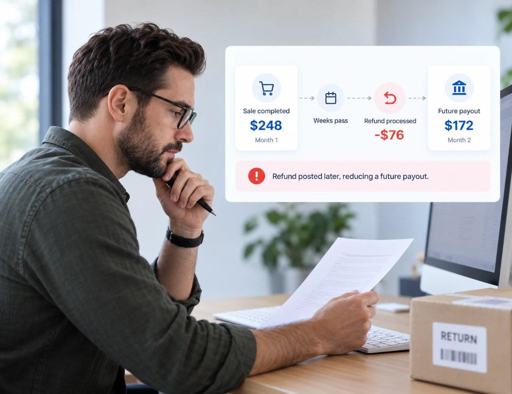 Ecommerce return reducing a future payout after a refund is processed