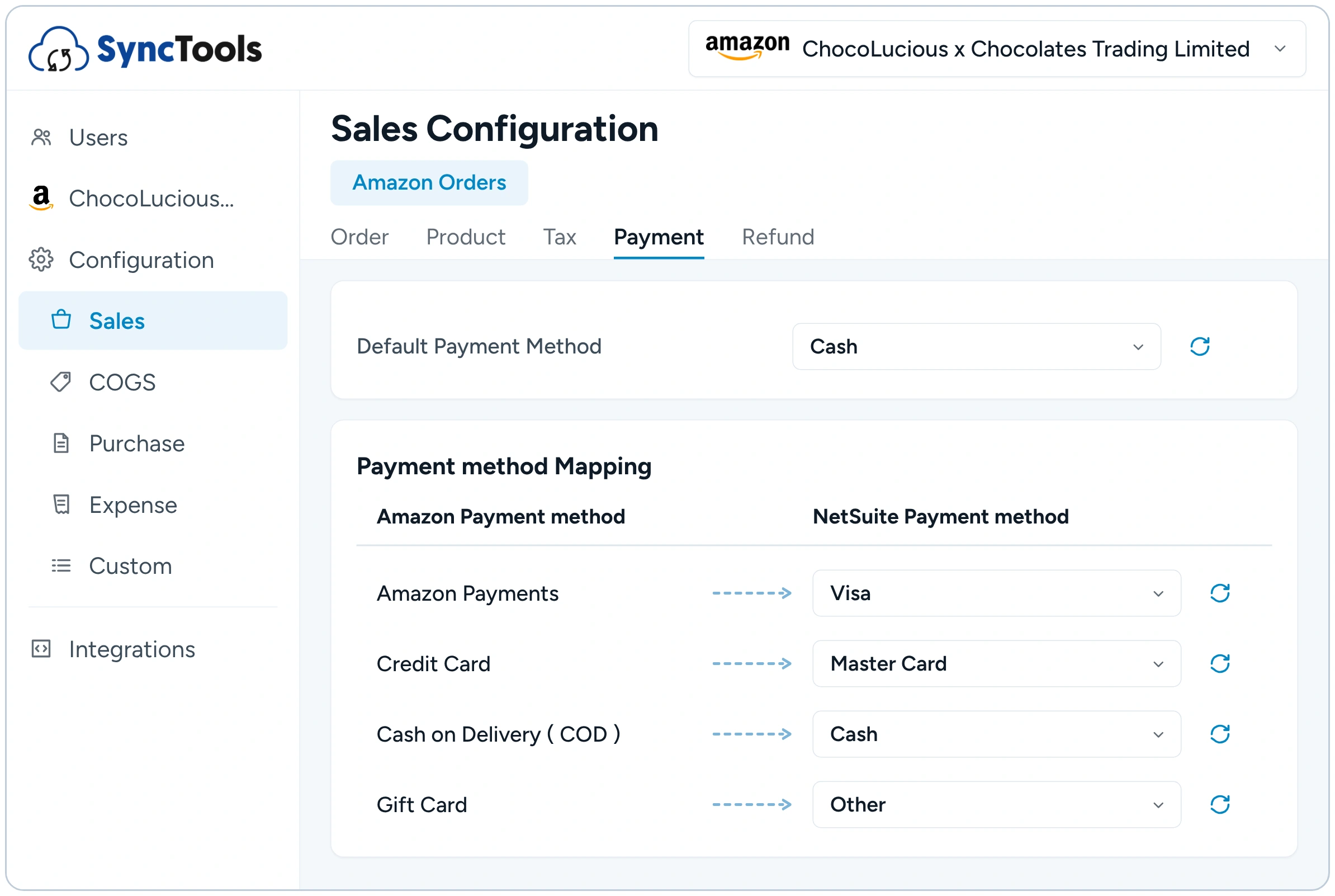 SyncTools Amazon to NetSuite payment method mapping and configuration settings