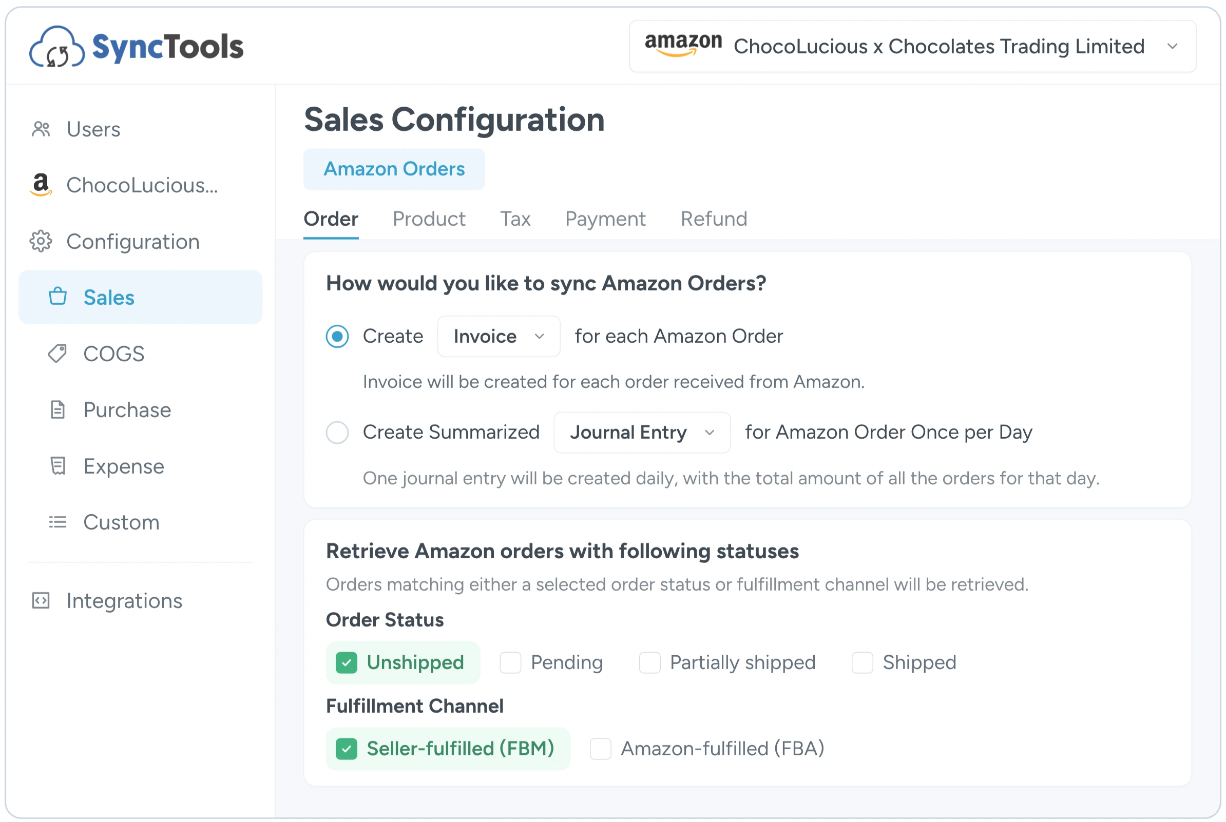 Amazon sales configuration screen showing order sync settings and marketplace integration with NetSuite.