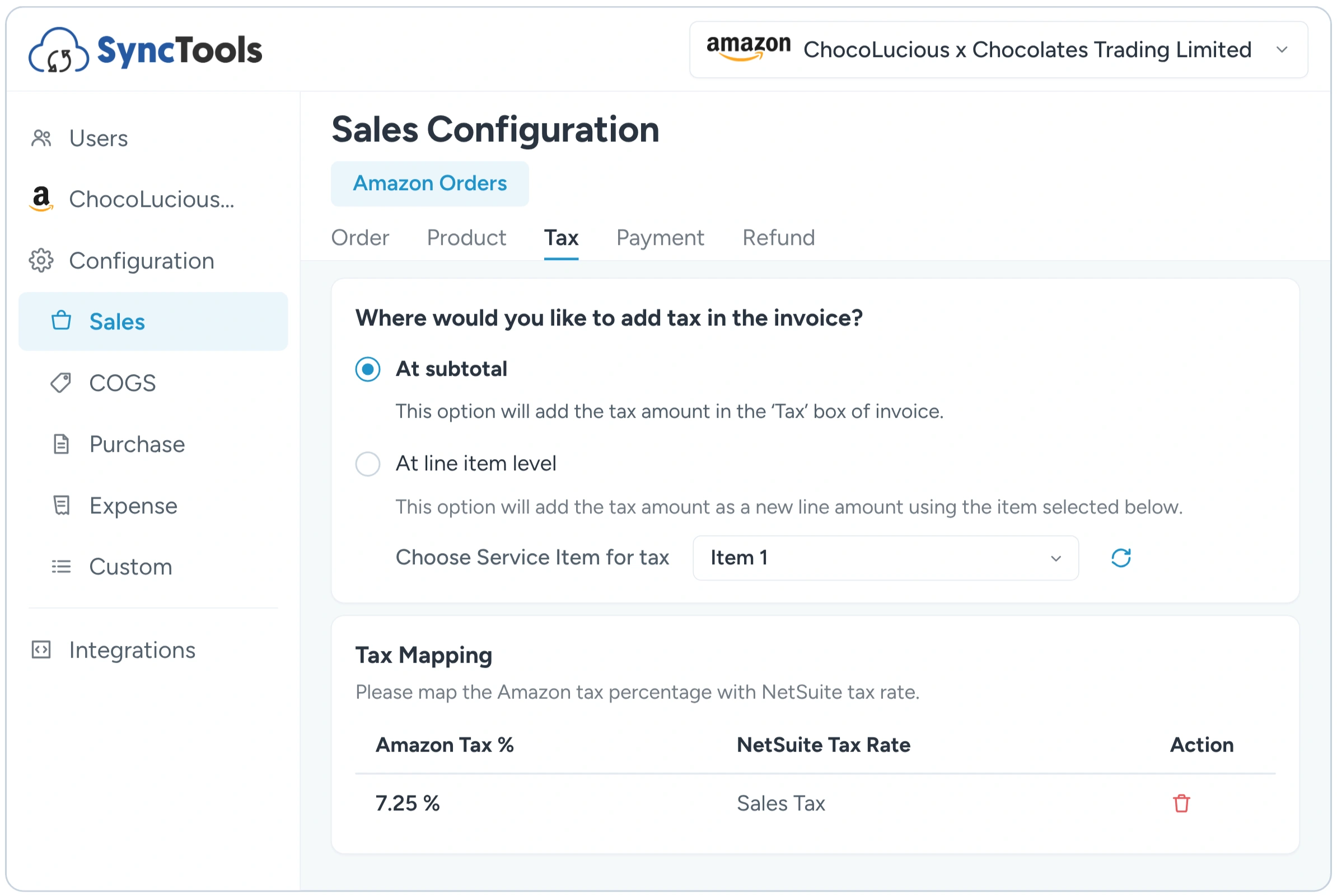 SyncTools Amazon to NetSuite tax configuration and tax mapping settings