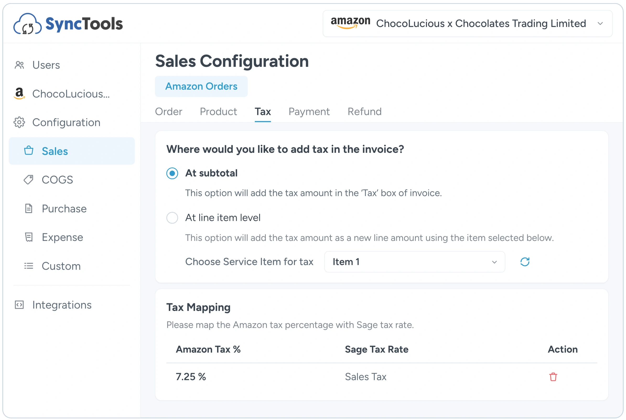Amazon Sage advanced tax settings showing tax mapping and invoice configuration in SyncTools