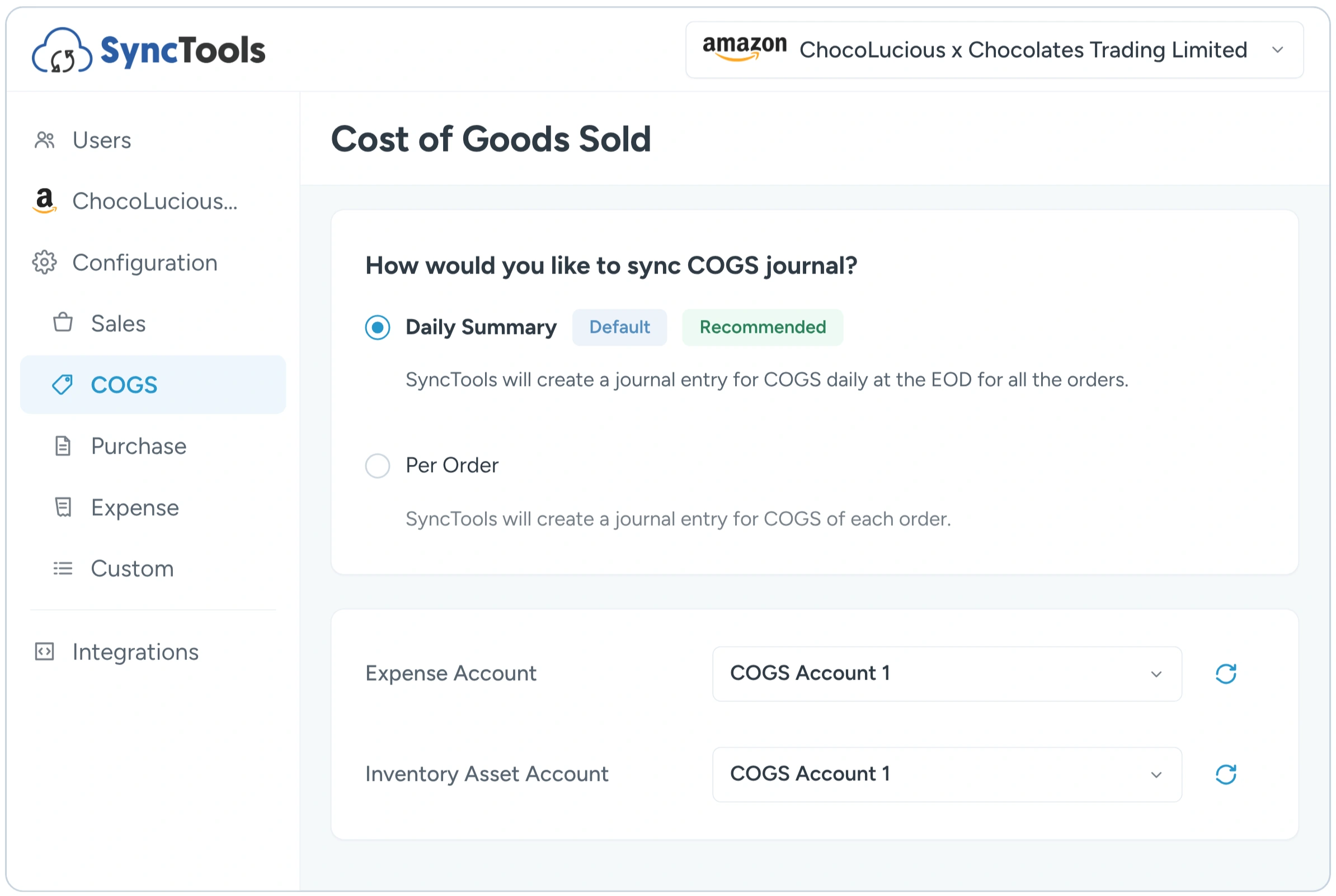SyncTools Amazon and Zoho Books COGS configuration for daily or per-order cost tracking