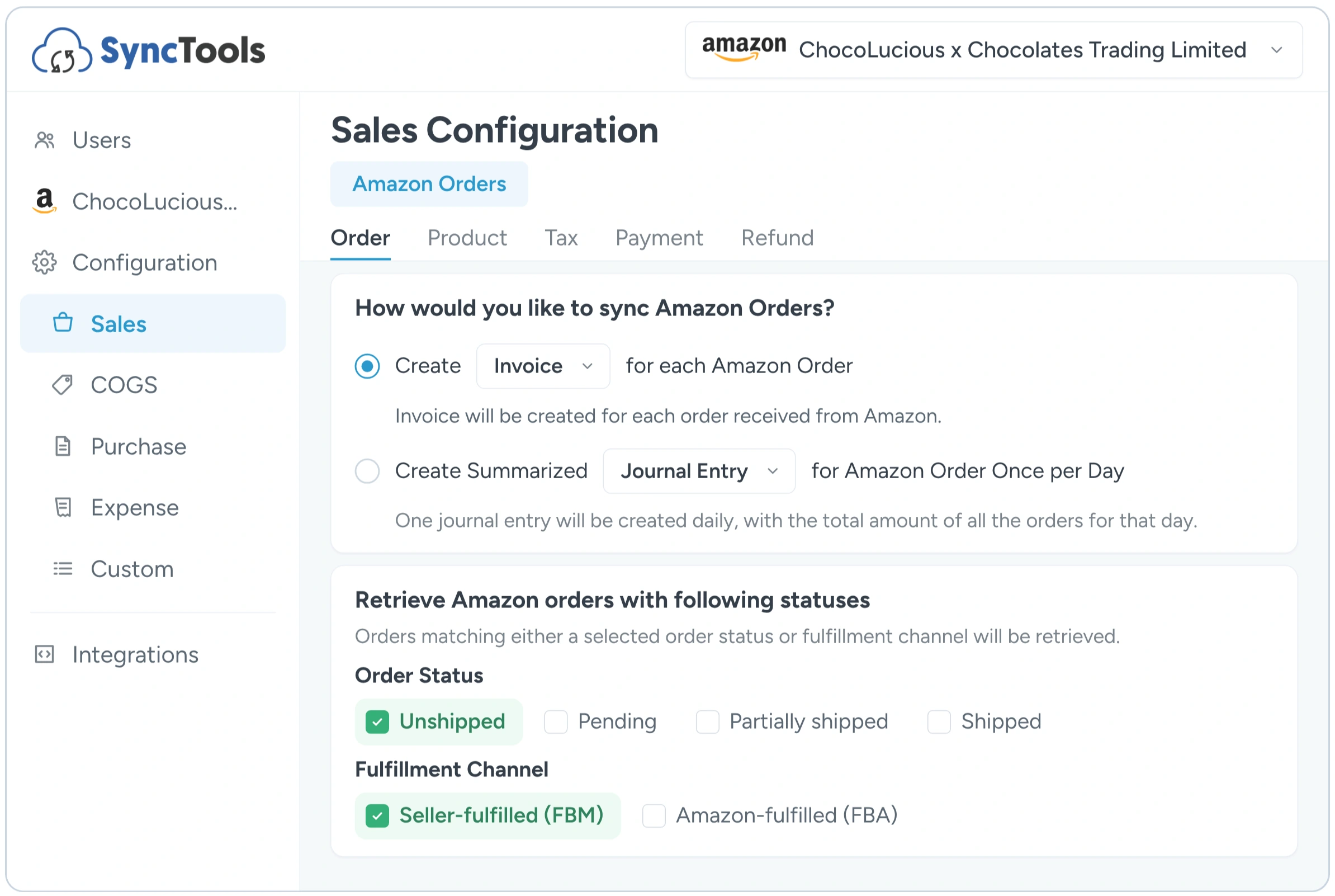 SyncTools Amazon and Zoho Books sales configuration for individual or summarized order syncing