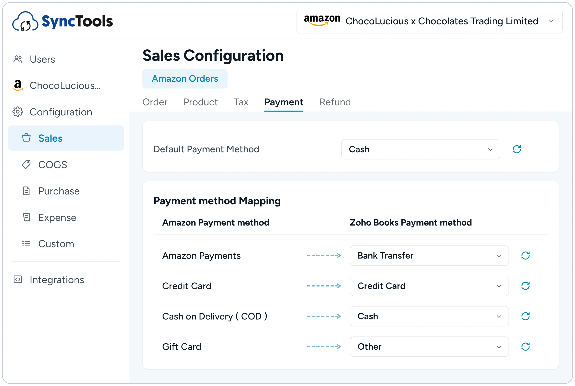 Amazon to Zoho Books payment method mapping and default payment account configuration