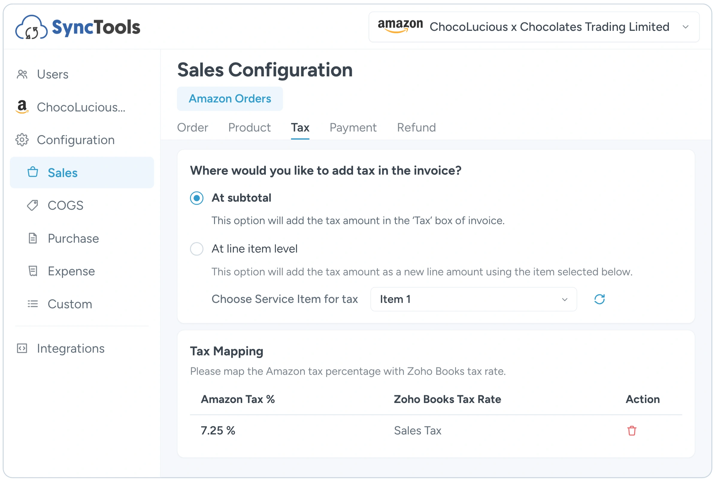 Amazon and Zoho Books tax settings with tax mapping and invoice configuration options